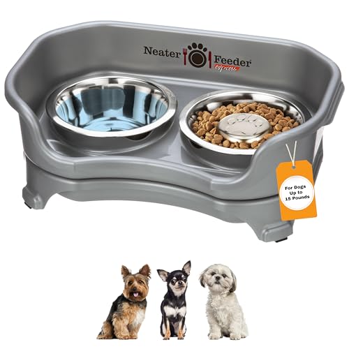 Neater Feeder Express Mess Proof Dog Bowls Elevated for Small Breed – Made in USA – No Spill Raised Slow Feeder Elevated Dog Bowl Stand, Stainless Steel Food and Water Bowl Set, Grey - color: Gunmetal Grey, size: Small w/ Metal Slow Feed Bowl