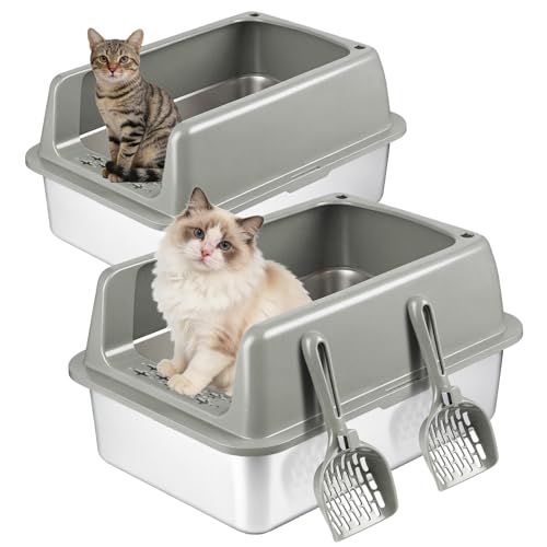 Kirecoo 2 Pack Large Semi-Enclosed Stainless Steel Cat Litter Box with Lid | Scoop Included, Sturdy Metal Box, Anti-Leakage, Odor Free, Easy to Clean, For Big Cats & Kittens, Multi-Cat Friendly - size: Large