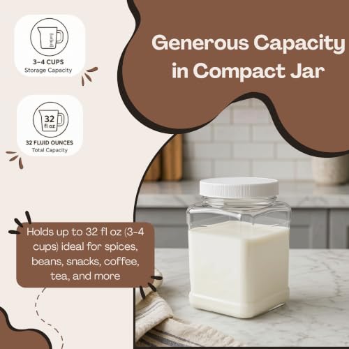 Pride Of India Clear Food Grade PET Plastic Square Grip Storage Jar w/Cap | 32 Fluid Ounces (3-4 Cup Storage Capacity) | BPA Free USA Made - size: Medium Square Grip Jar & Cap