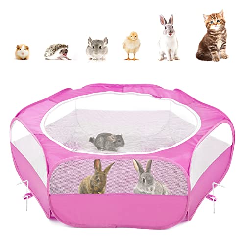 Pawaboo Small Animal Playpen with Zippered Cover, Rose Red | Portable pop-up pet tent for supervised rabbits, guinea pigs, chicks and kittens; water-resistant bottom and 3 metal rods - color: Rose Red