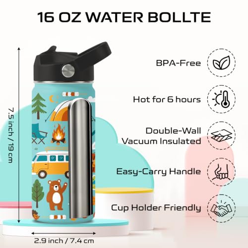 Camping 16 oz Water Bottle with Straw – Kids Stainless Steel Vacuum Insulated Cup, Leakproof Straw Lid, Reusable Travel Mug for Outdoor Sports - color: Camping1