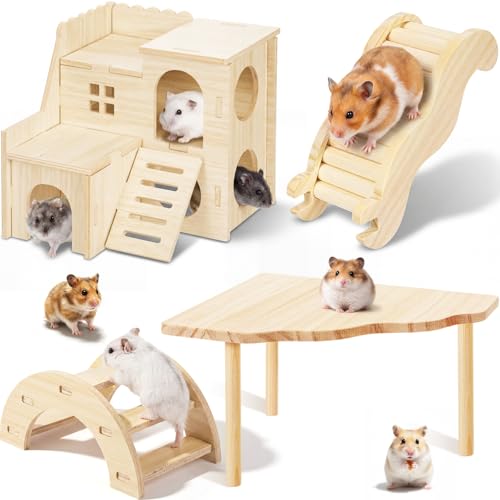 BreezeHug 4 Pcs Hamster Cage Accessories Hamster Platform Hideout Wooden Tunnel Ladder Playhouse Game Climbing Toy with Platform for Pets Dwarf Syrian Mice Degus Gerbils Squirrel(Villa) - style: Villa