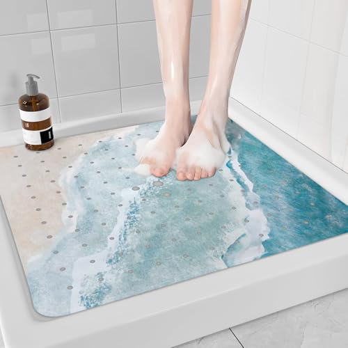 Beach Square Anti Slip Shower Mats for Inside Shower Accessories, Cute Bath Mats for Bathroom Non Slip Shower Floor Mat Sea Decor Rubber Bathmat with Suction and Drain Holes Machine Washable, 21″X21″ - color: C03, size: 21" x 21" (Square)