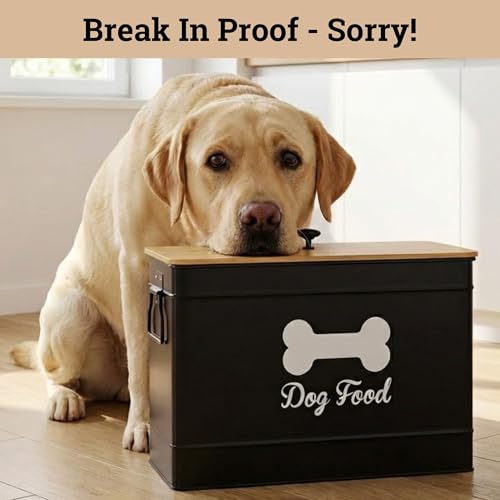 Metal Dog Food Container 15-20 lbs w/ Airtight Bamboo Lid, 70 Cup Capacity | Pet Jar For Dogs up to 100lbs, Airtight Bamboo Lid, Sturdy Comfortable Metal Handle, Powder Coated Iron, Kibble Storage Bin - color: Black