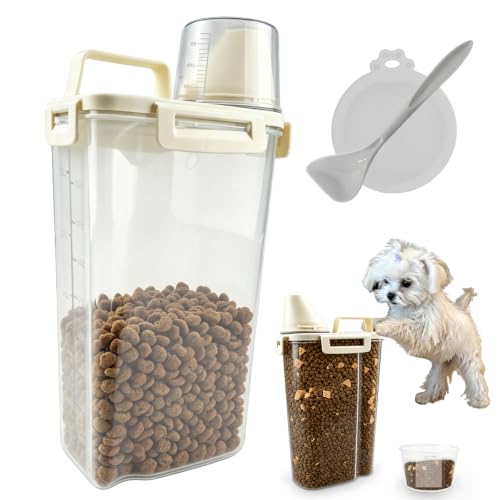 Cat Dog Food Storage Container, 3–5Lbs Portable Pet Food Storage Containers with Cup & Silicone Can Lids for Canned Food Spoon, Small Animal Kibble Dispenser for Bird Seed Cereals Clear/Beige