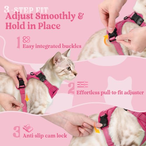 rabbitgoo Cat Harness and Leash Set, Easy-on with Neck Buckle, Rose Red | Escape Proof, No Over-the-head, Soft Air Mesh, 3 Lockable Adjusters & Buckles, Reflective, for Kittens & Small Cats Walks, Xs - color: Rose Red, size: Xs