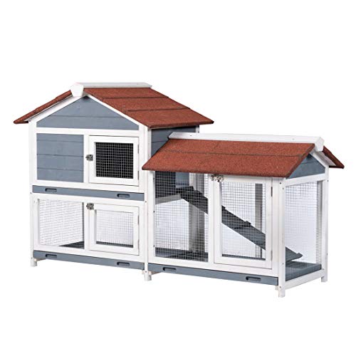 GDLF 62" Rabbit Hutch, Bunny Hutch Indoor Outdoor with Ramp, Cleaning Tray | 62"L x 21"W x 37"H, 2-Level Wooden Design with Stairs, Removable Cleaning Tray, Spacious Area for Rabbits & Small Animals