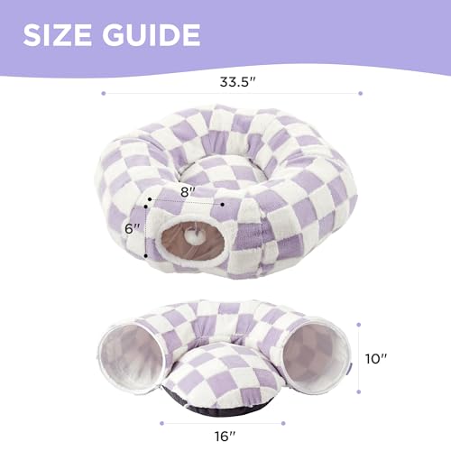 Lesure Donut Cute Jacquard Cat Tunnel Bed Kitten Toys for Puppy Bunny | 33.5x33.5x10in,Round Cat Bed Tube for Indoor Cats Rabbit Dog,Pet Peekaboo Cave Toy,Spiral Hideaway,Washable Cushion,Lavender - color: Lavender Checks, size: Standard (33.5"L x 33.5"W