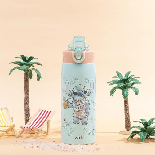 Zak Designs Disney Stitch Sage 19oz Leak-Proof Straw Kids Water Bottle | BPA Free, Insulated Stainless Steel, Cupholder Friendly, Dishwasher Safe, Lid Lock, Handle, For School, Home, Travel, Outdoor - color: Stitch (Sage)