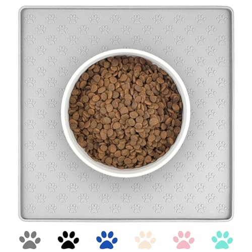 Ptlom Dog Food Mat Anti-Slip Bowl Mats for Food and Water, Waterproof Silicone Pet Placemat with High Raised Edges, Non-Slip Puppy Feeding Tray for Small, Medium Large Cats Dogs, Gray, 11.8"x11.8" - color: Light Gray, size: 11.8"L x 11.8"W
