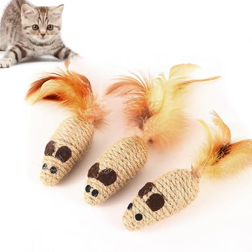3 Pack Cat Mouse Toys with Feather Tail Rattling Noise Sound Natural Sisal Cat Toys Teeth Cleaning Dental Chew Toys Interactive Cat Mice Toy Mice Cat Toys for Indoor Cats Kittens Puppies