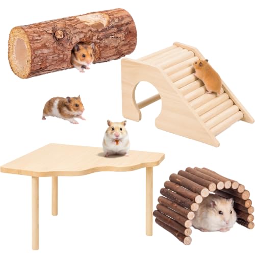 BreezeHug 4 Pcs Hamster Cage Accessories Hamster Platform Hideout Wooden Tunnel Ladder Playhouse Game Climbing Toy with Platform for Pets Dwarf Syrian Mice Degus Gerbils Squirrel(Hole) - style: Tree Hole