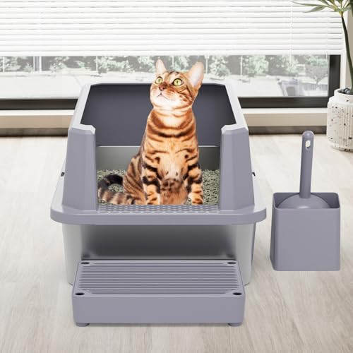 RIZZARI Open Cat Litter Box: Stainless, High Sided, Easy Clean | Spacious for Large Cats / 304 Stainless Anti-Odor / 6.5" Splash Guard / Leak-Proof Seams / Apartments & Laundry - color: Cool Gray
