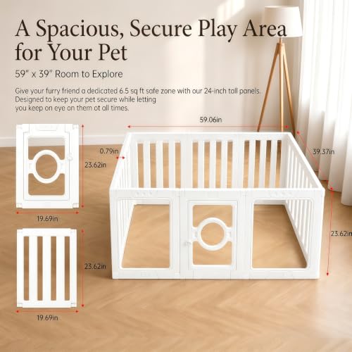 Acrylic Dog Playpen – Tool-Free 10-Panel Assembly Portable Dog Play Pen with Door, 23.6” High Pet Fence Indoor, Modern White Pet Play Pen for Dogs, Cats & Small Animals