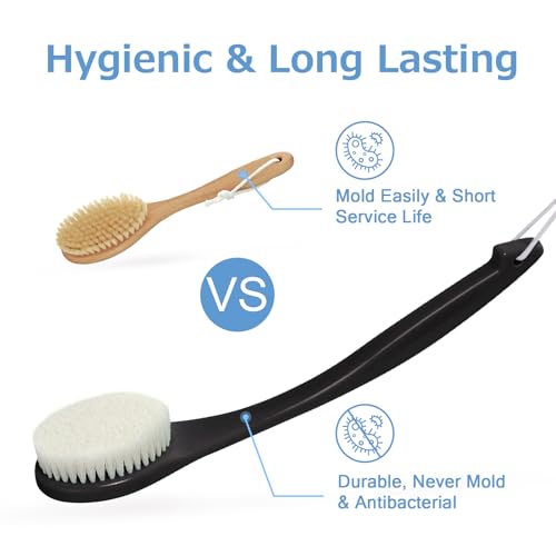 Exfoliating Shower Brush Bath Body Brush, Never Mold 15" Back Brush Long Handle for Shower, Dry Brushing Body Brush or Wet Brush with Moderate Bristle, Black