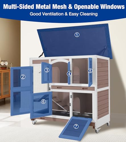 2-Story Rabbit Hutch with Wheels, Bunny Cage with Two Deepened Leak-Proof Trays, Indoor Outdoor Guinea Pig Cage with Waterproof Asphalt Roof - Brown - color: 44"L Milk Coffee