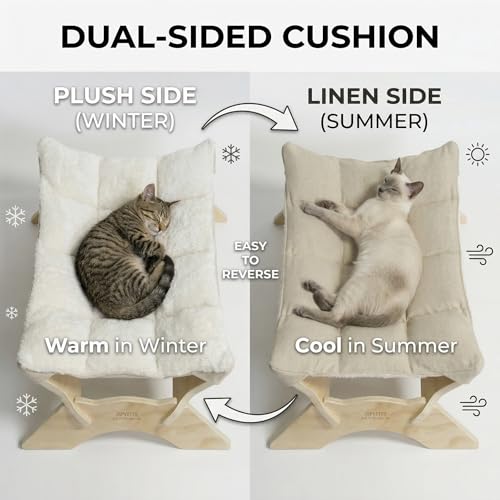 JSPYFITS Elevated Cat Bed Hammock, Raised Cat Bed with Dual-Sided Plush & Linen Cushion, Machine Washable & Breathable Cover Tool Free Easy Assembly, up to 66Lbs (White) - color: Pristine White