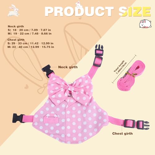 Rabbit Harness and Leash Set Escape Proof Plaid Bunny Vest with Bow Tie Breathable Mesh Harness Dual D Rings Adjustable Leash for Rabbit Guinea Pig Ferret Walking Training (Pink, S) - color: Pink, size: S