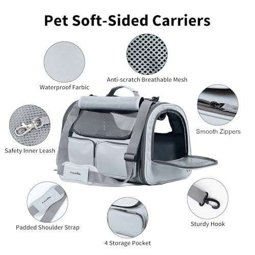 FUKUMARU Cat Carrier, Airline Approved Dog Carrier with Rollable Cover | Breathable Soft Cat Carrier, Multiple Doors & 4 Storage Pockets Cat Travel Bag, Durable Pet Carrier for Cat Under 15 lb, Grey - color: Ash Grey