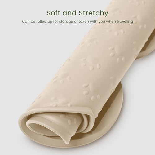 PWTAA Dog Food Mat Anti-Slip Silicone Dog Bowl Mat Thicker Pet Placemat Waterproof Cat Feeder Pad with Raised Edge Puppy Kitten Feeding Mats Suitable Small Medium-Sized Dogs Cats Eating Tray - color: Beige, size: 19.4" x 9.8"