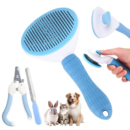 Aglads 3PCS Cat Rabbit Bunny Dog Grooming Kit, Self-Cleaning Slicker Cat & Dog Brush for Shedding, Fine-Needle Comb, Pet Nail Clipper & File for Long/Short-Haired Pets, Easy to Remove Loose (3, blue) - color: BLue