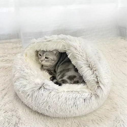 Cat Bed Round Fluffy Hooded Cat Bed Cave, Anti-Anxiety Cave Bed with Hooded Blanket, Cozy Cuddler Luxury Puppy Pet Bed, Anti-Slip Bottom and Machine Washable (Grey, Medium) - color: Grey, size: Medium