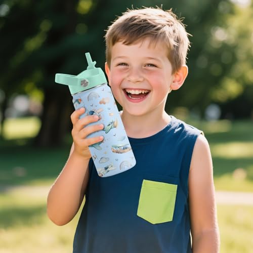 Airplane Gifts - 16oz Kids Blue Airplane Water Bottle with Straw Lid, Stainless Steel Insulated Tumbler, Leakproof, BPA-Free, for Boys, School, Travel - Helicopter Pilot Lovers Birthday Gift Cup (1pc) - color: Helicopter, size: 16 Ounces