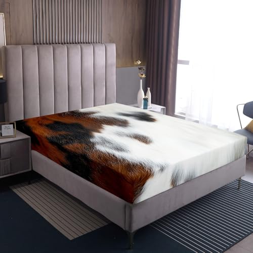 Cowhide Bedding Set for Boys, Cow Print Kawaii Bed Sheets Full Size Bull Cattle Skin Sheet Set Farmhouse Animal Hair Fitted Sheet-Wildlife Fur Flat Sheet-2 Cowhide Pillow Csaes(Black White Brown) - color: Multi 44, size: Full