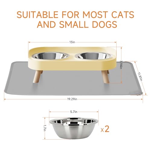 Elevated Cat Bowl with Food Mat, Raised Cat Food and Water Bowl Set for Indoor Cats, Splash Proof with 2 Stainless Steel Pet Food Bowls for Cat and Puppies,Whisker Fatigue and Dishwasher Safe (Yellow) - color: Cat Bowls with mat - yellow