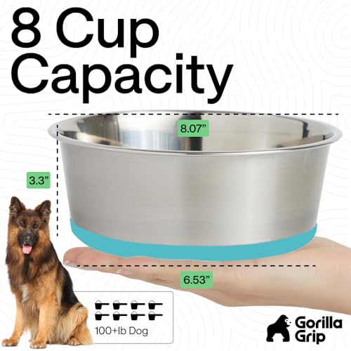 GORILLA GRIP Dog Bowl, Holds 8 Cups (64 fl oz), Food Grade 304 Stainless Steel Food and Water Bowl for Feeding Dogs and Cats, BPA Free Rubber Base, Easy Clean, Dishwasher Safe Rust Resistant Turquoise - color: Turquoise, size: 8 Cup (64 Oz)