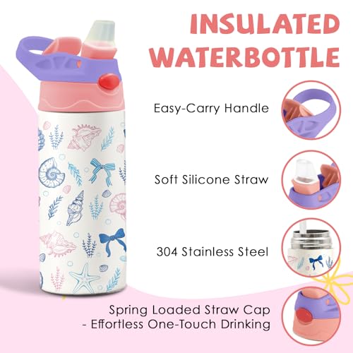 Ocean Bow 12 oz Water Bottle with Straw – Kids Stainless Steel Vacuum Insulated Cup, Leakproof Pop-Up Spout, Reusable Travel Mug for Boys and Girls Outdoor Sports - color: Seashell1