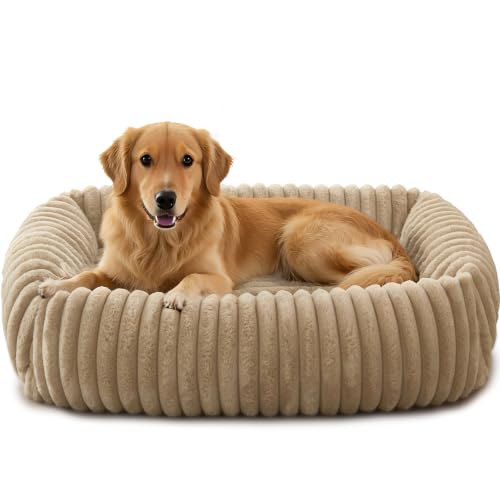 FURTIME Dog Beds Large Sized Dog, Washable Orthopedic Pet Bed with Removable Cover, Rectangle Soft Calming Sleeping Puppy Bed Durable Pet Cuddler with Anti-Slip Bottom, Beige, L(36"x27"x8") - color: Beige, size: L(36"x27"x8")