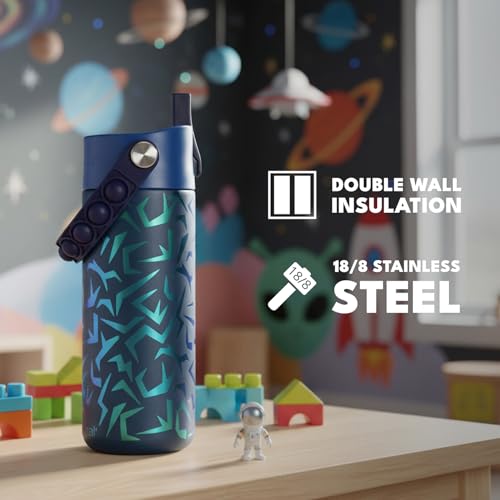 Elemental Insulated Kids Water Bottle, Stainless Steel Water Bottle with Straw Lid & Pop-It Handle, Leak-Proof Water Bottles for School, Boys or Girls, Travelling and Sports, 18oz - Dark Patterns - color: Dark Patterns