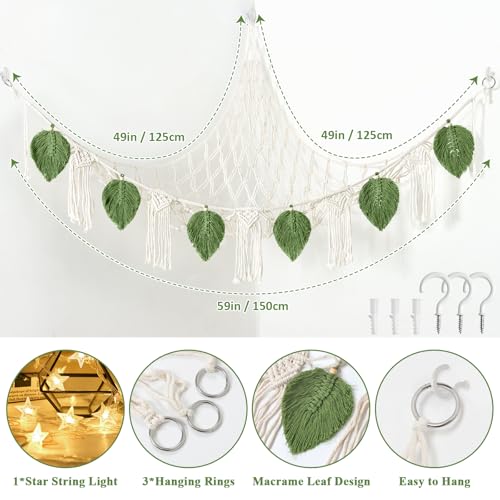 Dremisland Stuffed Animal Toy Net Hammock with Star Light Boho Leaf Macrame Tassel Corner Toy Organizer Bohemian Woven Decor Display Holder for Girls Room Nursery Kids Bedroom Play Room Decor (Green)
