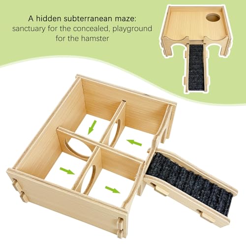 BNOSDM Wooden Hamster Hideout Syrian Hamsters Multi-Room Hideouts & Tunnel Exploring Toys Gerbils Wood House with Ladder for Dwarf Mouse Mice Rat and Other Small Animals - color: Wooden Hideout with Bridge