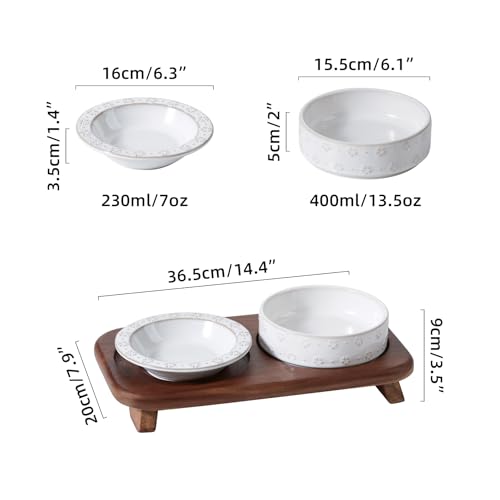 Havniva Ceramic Cat Food Bowl, 6.1" Raised Cat Bowls with Acacia Wood Stand | Elevated Cat Bowls, Whisker Friendly, Extra Wide Opening, Aesthetic Cat Dishes, Elegant Pet Bowls, Food-grade Ceramic, Kitten - color: 1Bowl+1Dish+Stand- Arctic White