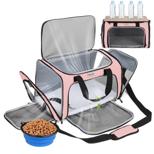 Pet Carrier for Cats & Small Dogs, Travel Carrier with Anti-Collapse Support, Chew Resistant Buckles, Luggage Sleeve, Multi-Pocket Storage, Reversible Mat & Bowl (Pink, Medium (17.5"x11"x11.5")) - color: Pink