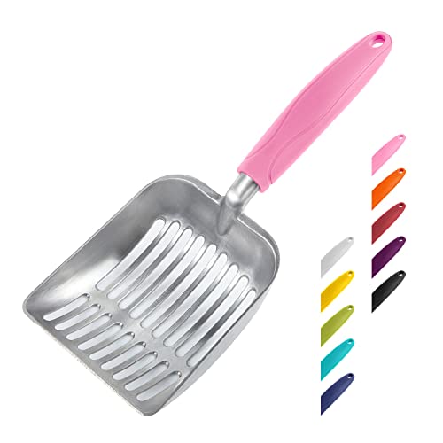 Cat Litter Scoop, Aluminum Alloy Sifter, Kitty Metal Scooper, Deep Shovel, Long Handle, Poop Sifting, Kitten Pooper Lifter, Durable, Heavy Duty, for Litter Box - color: FLAT Aluminum \ #10 Pink Handle, size: Small