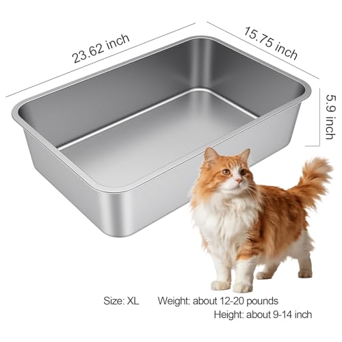 X-Large High Sided Stainless Steel Cat Litter Box | Sturdy Metal, Odor-free, Cat Litter Non-stick and Easy to clean, Perfect for Indoor Cats, Kittens and Multi-cat Households - size: 23.62"L x 15.75"W x 5.91"H