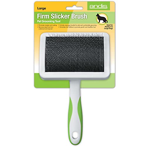 Andis 65710 Self-Cleaning Animal Slicker Brushes with Curved Stainless-Steel Bristles for All Breeds - Reduces Shedding by Up to 90%, Removes Tangles, Dirt & Loose Hair – Large, Green,Black - size: Large, style: Firm Slicker Brush