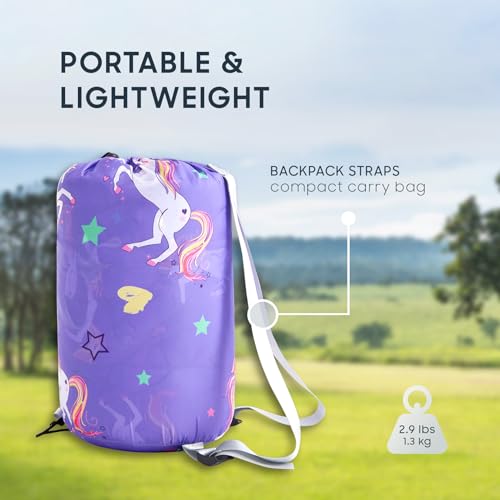 Wake In Cloud - Kids Sleeping Bag for Girls Toddlers, Camping in Warm Cold Weather, Backpacking Lightweight Compact Outdoor Liner for 3 Seasons, Unicorns Stars Hearts - color: Purple