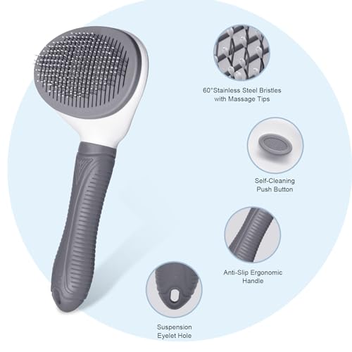 Aogeili Self Cleaning Slicker Brush, Skin Friendly Deshedding Grooming Tool for Dogs, Cats & Bunny, One-Click Release Removes Loose Undercoat, Mats & Tangles, for Long & Short Hair Shedding Pets - color: Grey