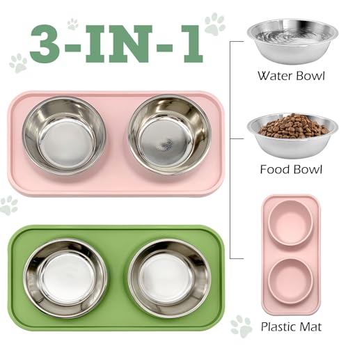 BNOSDM 2 Pcs Double Dog Food Bowls Stainless Steel Small Dog Food and Water Bowls with Non-Spill Plastic Mat Pet Cat Feeder Dish Set for Puppy Cats Kitten (Pink and Drak Green) - color: Pink+Drak Green