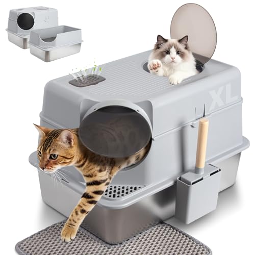 Stainless Steel Litter Box with Lid,Extra Large Enclosed cat Litter Box | Enclosed Metal litterbox with Flip Top,Front and Top Entry,Anti-Leakage,Easy Cleaning,Includes Scoop & Mat - color: Enclosed-XL