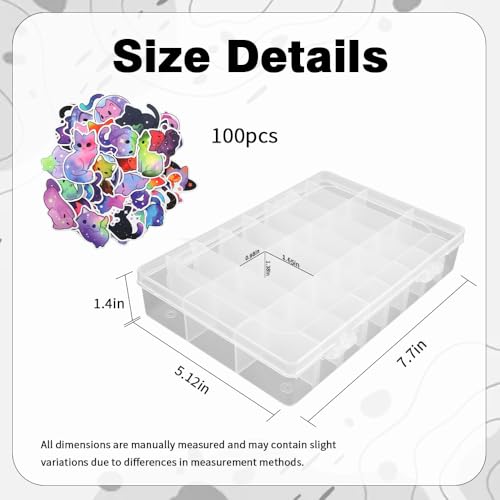OALCQ Plastic Organizer Box, 100 PCS Cute Cat Stickers, 24 Grid Storage Container for Beads & Craft, Clear Tackle Case for Jewelry Making, Sewing, Bolts, Accessories - style: cat