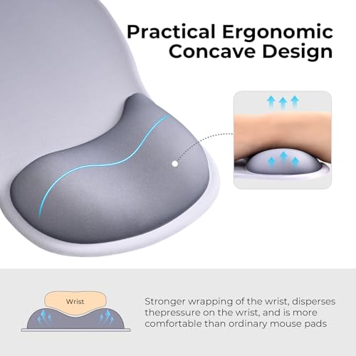 EooCoo Mouse Pad with Gel Wrist Rest, Ergonomic Mousepad Wrist Alignment | Middle Concave Design for Natural Wrist Alignment, Non-Slip Base Mousepad, Carpal Tunnel Relief, Office Desk Accessories - color: Grey
