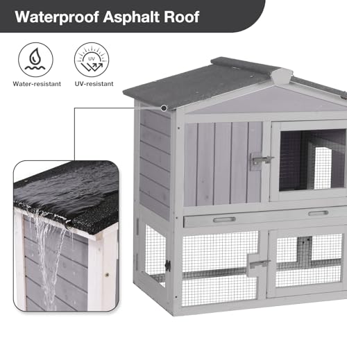 Large Rabbit Hutch Indoor and Outdoor, Bunny Cage with Leakproof Tray and Anti-Chewing Ramp, Wooden Rabbit House for Guinea Pig, Chickens, Duck (Two Sets-Grey) - color: Grey, size: 114"L x 21.3"W x 33.4"H