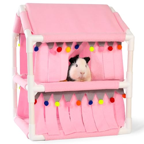 Guinea Pig Loft Bed - Small Pet Bunk Bed, Guinea Pig Hammock with Fleece Forest Hideout, Ideal for Rabbits, Ferrets and Chinchillas, Pink