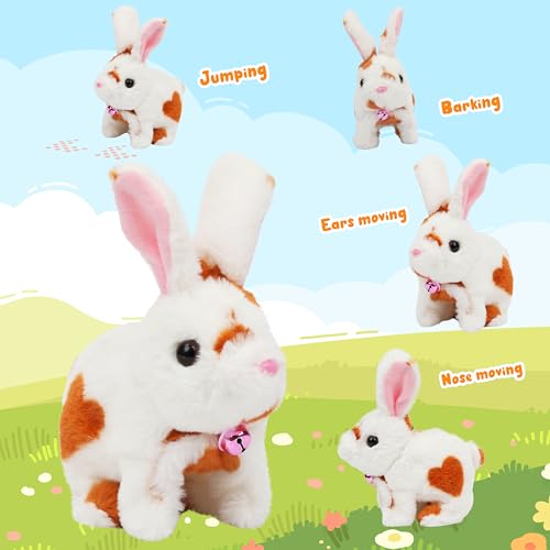 Easfan Brown Jumping Bunny Talking Interactive Plush Toy Gift for Kids | Hopping spotted, moving ears & nose, singing shaking glowing, electric toy, gift for Toddlers - style: Bunny_Brown
