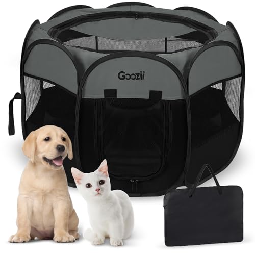 Goozii Portable Puppy Playpen Indoor, Small Dog Playpen, Pop Up Kitten Cat Play Pen Tent for Outdoor, Foldable Pet Cage Crate Kennel with Zip Gate Top Cover Bottom for Travel Camping RV Car (Black) - color: Grey-Black, style: S [29" x 29" x 17"]
